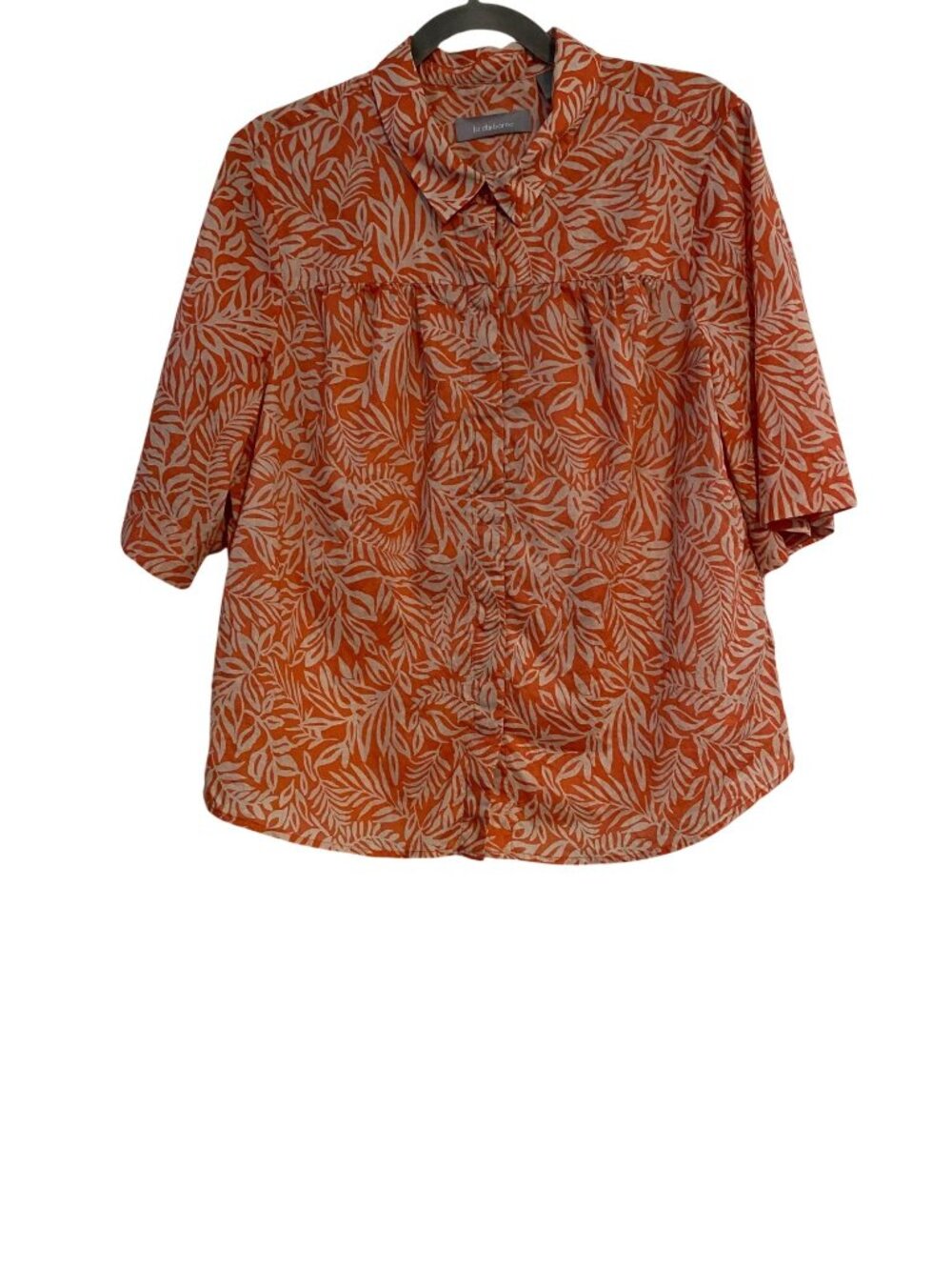 Liz Claiborne Women's XL Orange Leaf Print Button-Up Shirt 3/4 Sleeves Fall Boho
